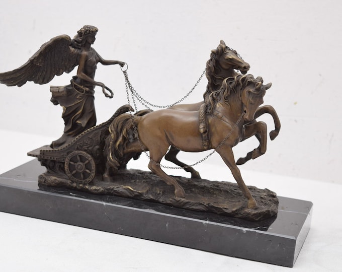 Bronze Figure of Roman Warrior with Chariot - Roman Mythology Statue - Bronze Sculpture on Marble Base -
