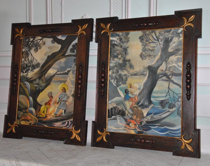 Set of 2 Antique Polish Oil Paintings – Stryjenska Style – Highland Lovers – Secession Art on Canvas in Wooden Frames – Folk Vintage Decor