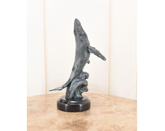 Signed Bronze Dolphin Sculpture – Blue Patina Nautical Figurine – Moore Style Ocean Decor