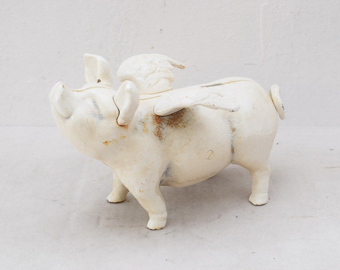 PiggyBank White Pig Money Box Cast Iron Sculpture Figurine Figure Funny Gift Vintage Style  Style