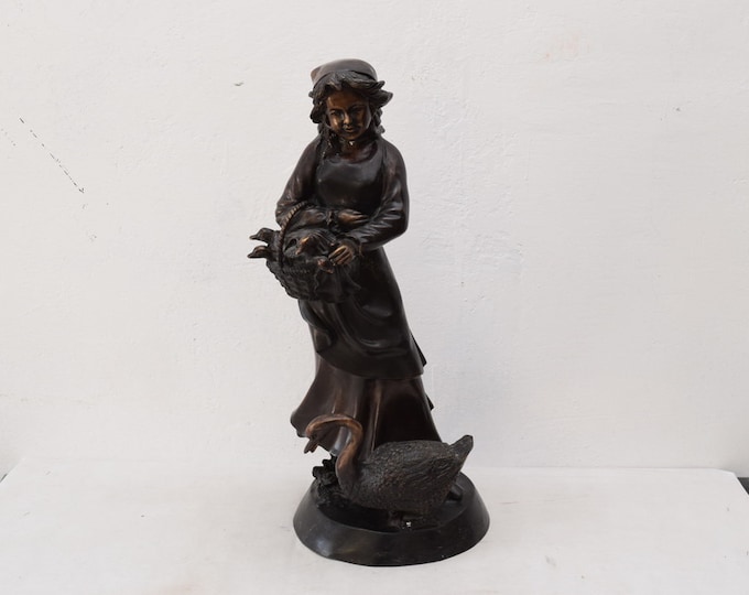 Woman with Goose Bronze Statue Realistic Art Deco Ducks Figurine Sculpture Gift Idea for - Home Decor