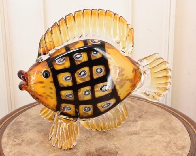Gold Murano Style Fish Figurine – Peacock Eye Venetian Art Glass – Vintage Italian Decor