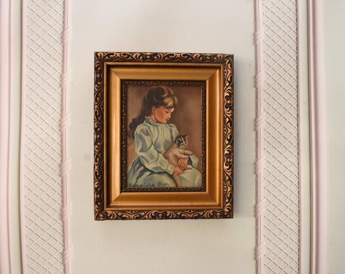 Antique Art Deco Painting: Girl with Cat, Gold Frame, Polish Artist