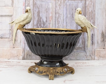 Large Black Porcelain Vase with Bronze Parrot Sculptures