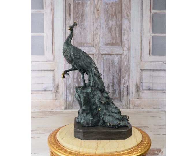 Large Bronze Peacock on Rock - Blue Patina Bronze Statue on Marble Base - Elegant Gift Idea for Wedding - Home Garden Decor - Milo Style