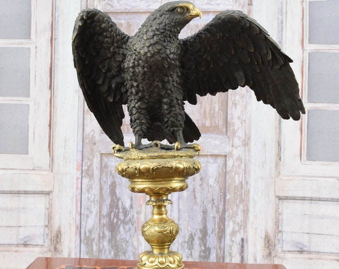 Large Eagle Realistic Bronze - Gilded Bronze Buzzard  Statue - Animal Gift Idea - Home Decor - Foundry Mark - Unique Vintage Item