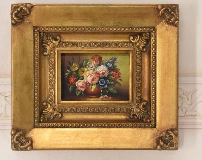 Flowers in a Vase – Vintage Miniature Oil Painting – Floral Still Life – Classic European Art – Unique Wall Decor