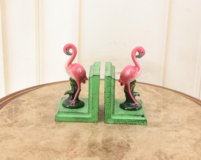 Vintage Cast Iron Flamingo Bookends – Hand Painted – Unique Decorative Book Holders – Exotic Bird Decor