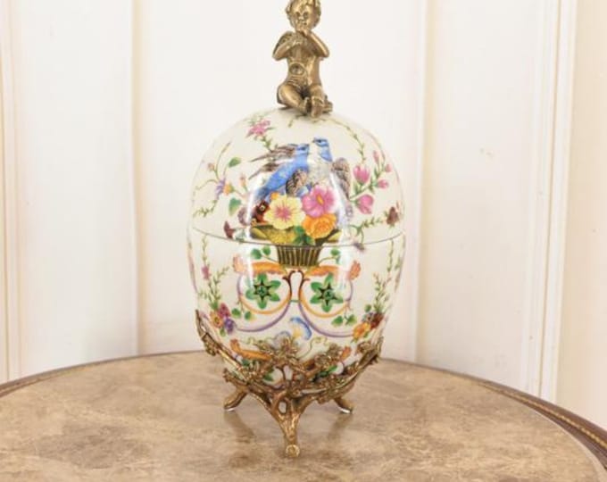 Porcelain Egg Casket with Bronze Angel: Floral Keepsake Box