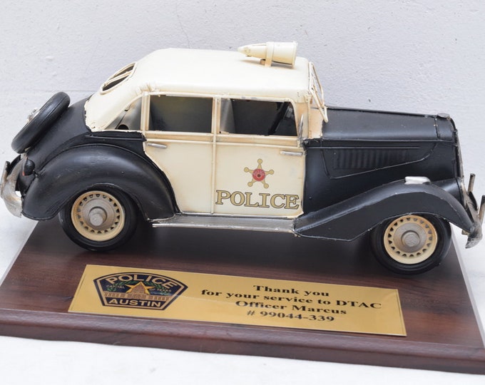 Gift for Policeman - vintage police car - metal model car - wooden stand + dedication engraved Old Scool