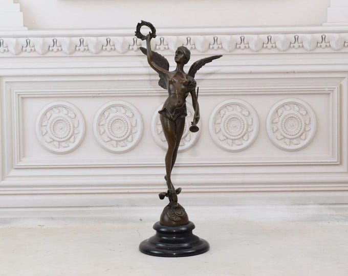 Nymph Woman with Wreath Bronze Statue - Victory Mythological Bronze Sculpture - Figurine Gift Idea for Birthday - Home Decor