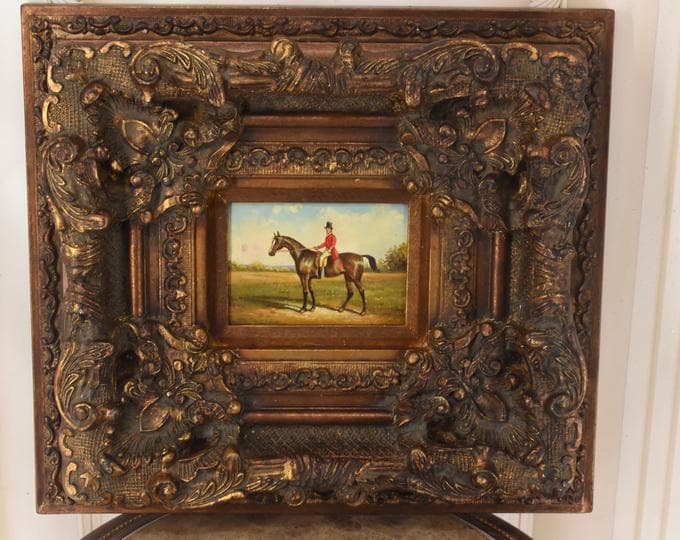 Jockey on Horse Painting – Oil on Wood, Golden Frame French Art