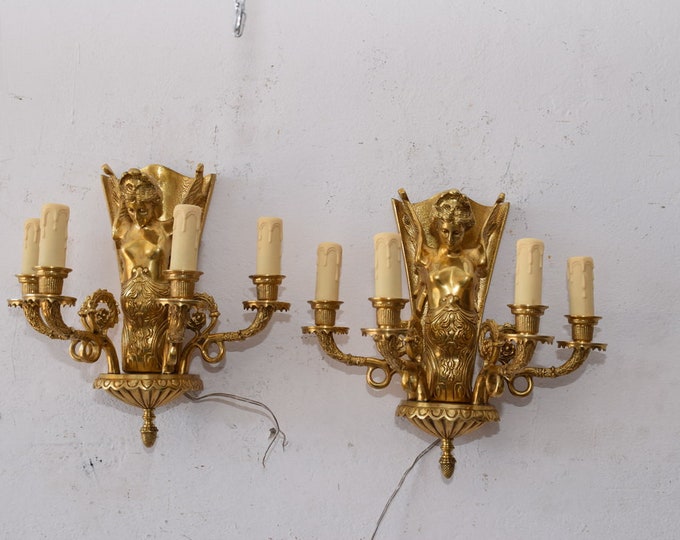 Two Bronze Empire Wall Sconces - Bronze Winged Nymphs - Empire Pair Bronze Candlesticks - Wall Decor - Wall Lighting Art - Home Decor