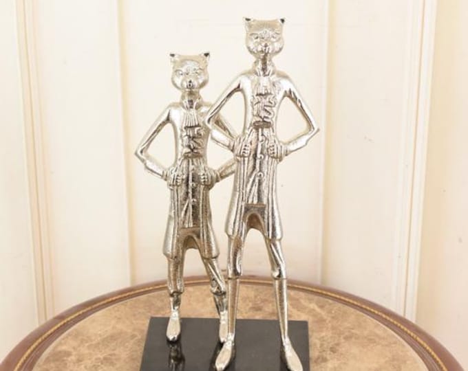 Silver Aluminum Cat Figurines on Marble Base – Vintage Animal Sculpture, Elegant Home Decor