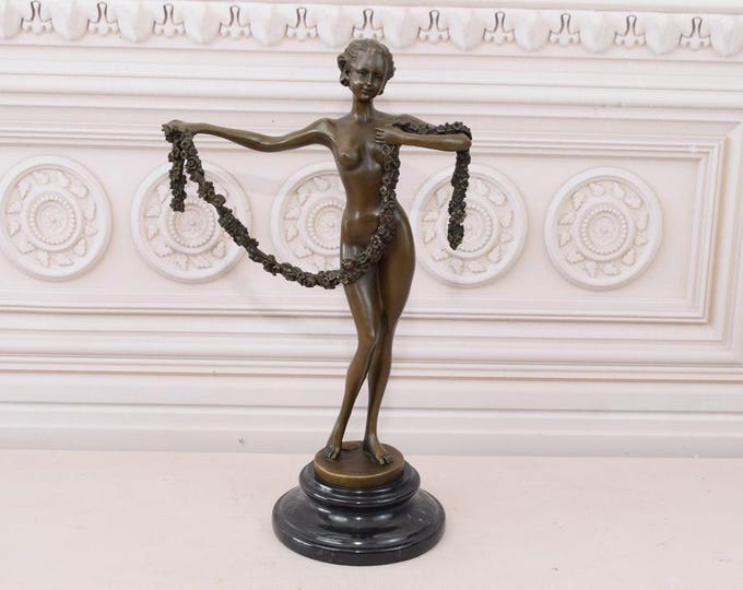 Rare Bronze Statue - Woman with Wreath of Flowers Bronze Figure on Marble Base - Art Deco Sculpture - Foundry Mark - Gift Idea - Home Decor