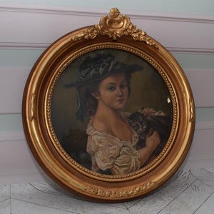 Antik Gemälde Mädchen mit Katze - Gemälde auf Karton mit Altgold Rahmen - Mehoffer Stil Gemälde Polnischer Künstler - Wand Dekoration - Wohnkultur