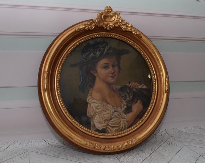 Antique Painting Girl with Cat - Painting on Carton with Old Gold Frame - Mehoffer Style Painting Polish Artist - Wall Decor - Home Decor