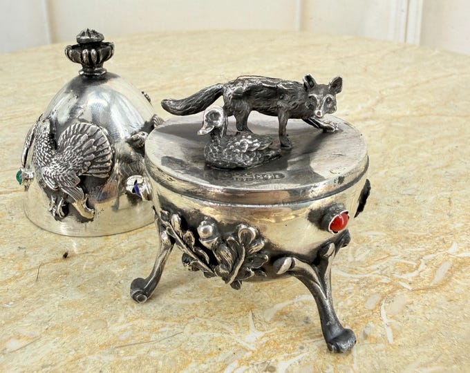 Antique Silver Egg – Fox and Duck – Rare Animal Motif – Unique Silver 84 Collectible
