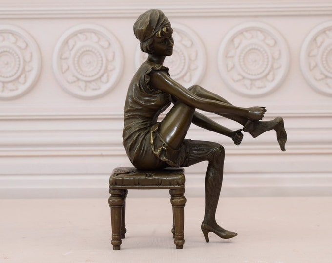 French Aristocrat Wearing Tights on Chair Bronze Statue - Art Deco Sculpture - Figurine Aristocrat Woman in Dress - Gift Idea - Home Decor