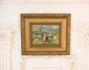 Antique Oil Painting Wood – Children Praying Roadside Shrine, Gierymski Style Zakopane Landscape