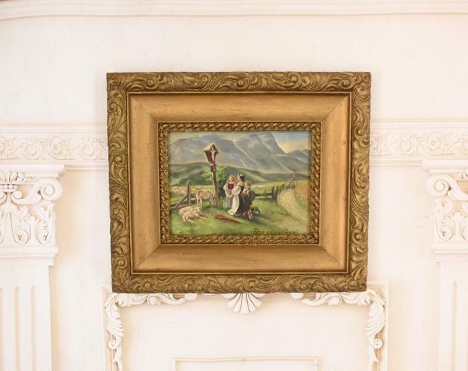 Antique Oil Painting Wood – Children Praying Roadside Shrine, Gierymski Style Zakopane Landscape
