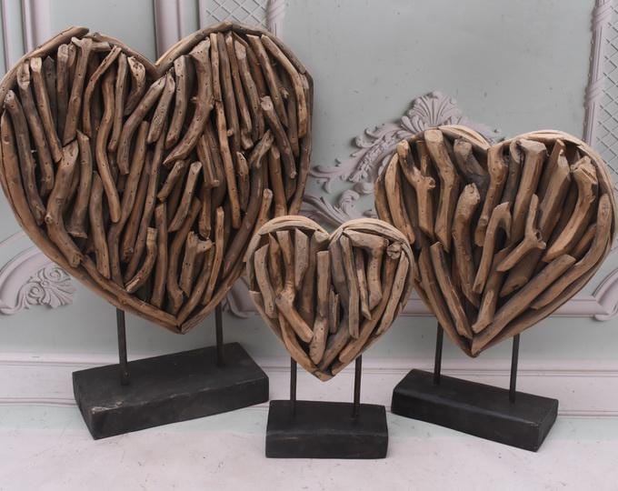 3 x Handmade Teak Wood Heart Sculpture: Rustic Home Decor