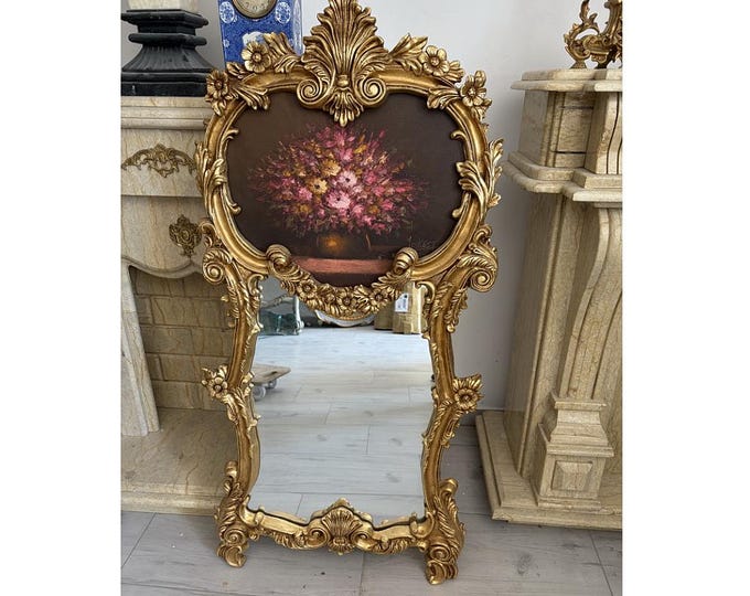 Vintage Mirror with Floral Painting - Ornate Gold Wooden Frame - Rococo Wall Mirror