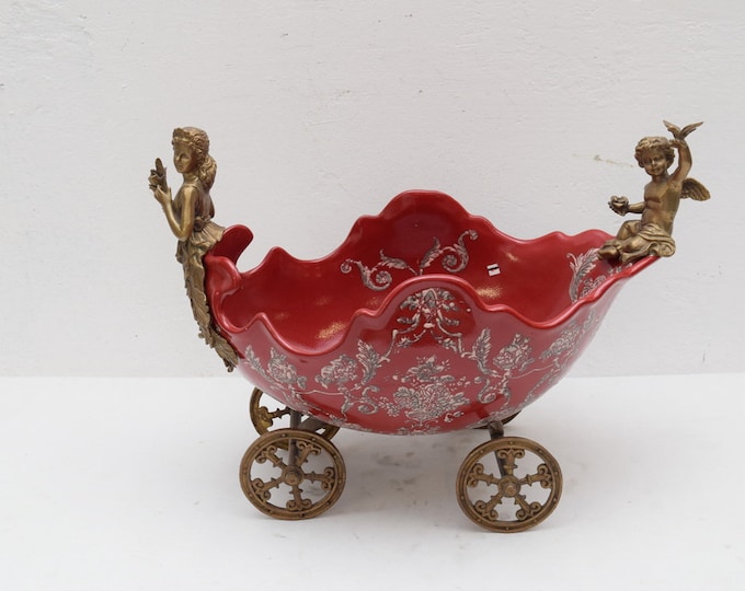 Porcelain Plateau - Red Porcelain with Bronze Ornaments - Carriage Porcelain - Nymph and Angel Design -Flowers Ornaments - Home Decor