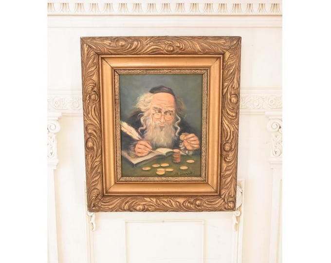 Antique Jewish Oil Painting Signed Lille: Jew with Coins, Judaica Art