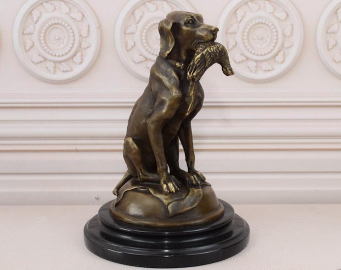 Vintage Bronze Statue Dog with Pheasant - Hunting Dog Sculpture Bronze on Marble Base - Dog Figure - Home Decor - Gift for Birthday, Hunter