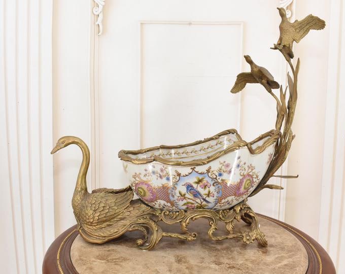 Vintage Floral Porcelain Vase with Swan Decor - 19.7" Elegant Collectible