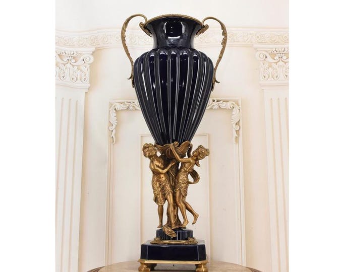 Monumental Cobalt Vase: Art Nouveau Bronze Nymphs, 31-inch Home Decor