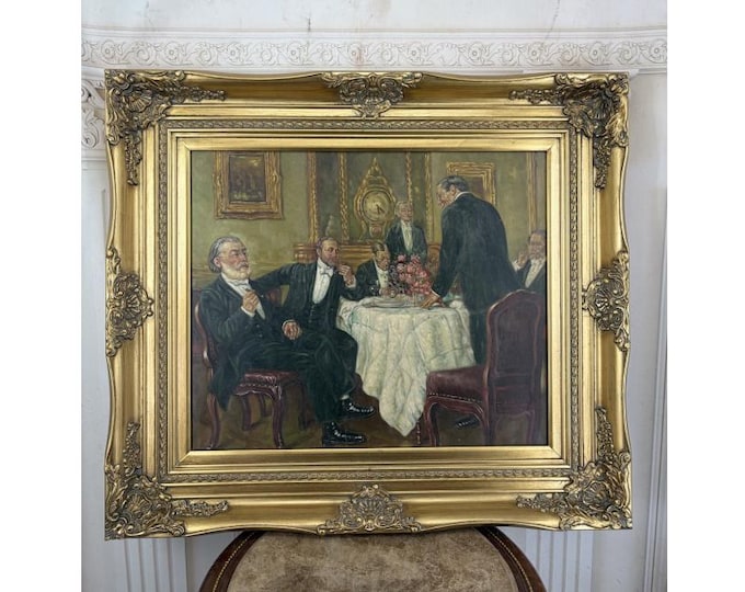 Vintage Gentlemen Dinner Scene Painting - Elegant Interior Gathering - Ornate Gold Frame - Classic Wall Art