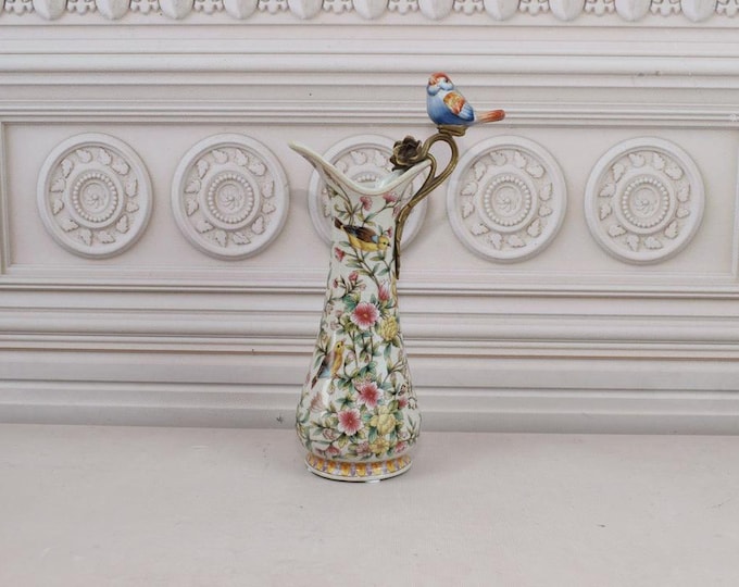 Porcelain Wine Jug with Bronze Handle - Porcelain Carafe - Bronze Colorful Bird and Floral Ornaments - Art Nouveau Style - Home Decor