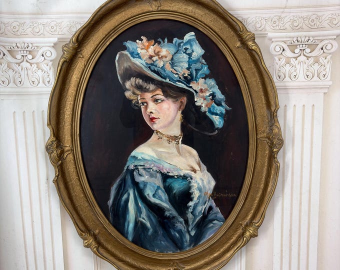 Vintage Elegant Woman Portrait Oil Painting - Lady in Large Hat - Oil on Cardboard Behind Glass - Oval Frame