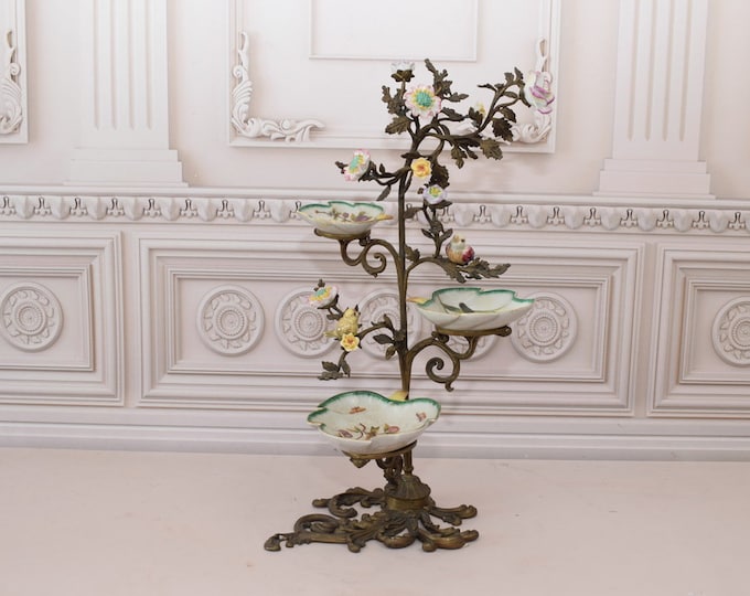 XXL Plateau Porcelain Birds on a Branch - Porcelain and Bronze Ornaments - Colorful Fruit Plate - Art Nouveau Porcelain - Home Decor - Gift