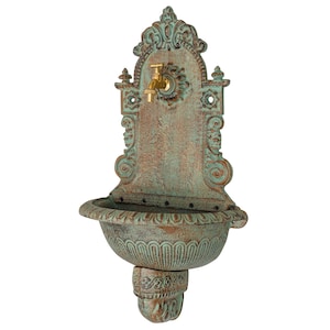 Green Patina Rustical Cast Iron Wall Fountain with Brass Faucet Tap,  Fountain Metal Wall Sink, Patio &  Wall Ornament Outdoor