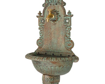 Green Patina Rustical Cast Iron Wall Fountain with Brass Faucet Tap,  Fountain Metal Wall Sink, Patio &  Wall Ornament Outdoor