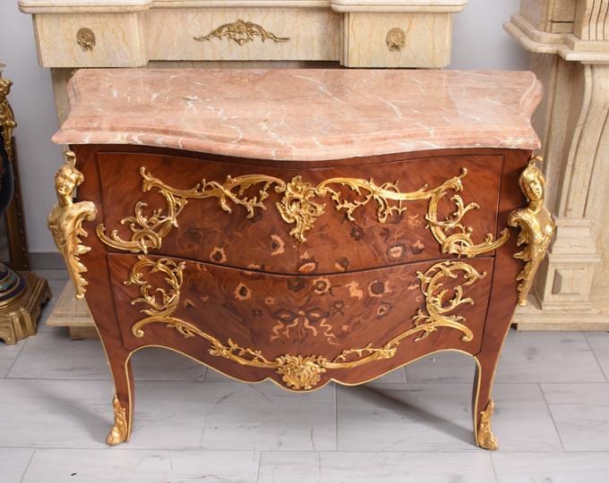 French Baroque Commode – Beech Wood, Bronze Ornaments, Marble Top, Circa 1920