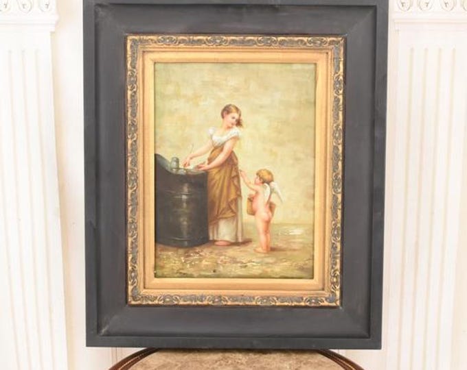 Vintage Girl with Cupid Oil Painting | Ornate Gold Frame, French Romantic Art