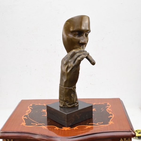 Grand Visage en Bronze avec Cigarette - Masque Salvador Dali Style - Sculpture en Bronze Moderniste Femme - Oeuvre d'Art Abstrait Figurine Tête avec Cigare