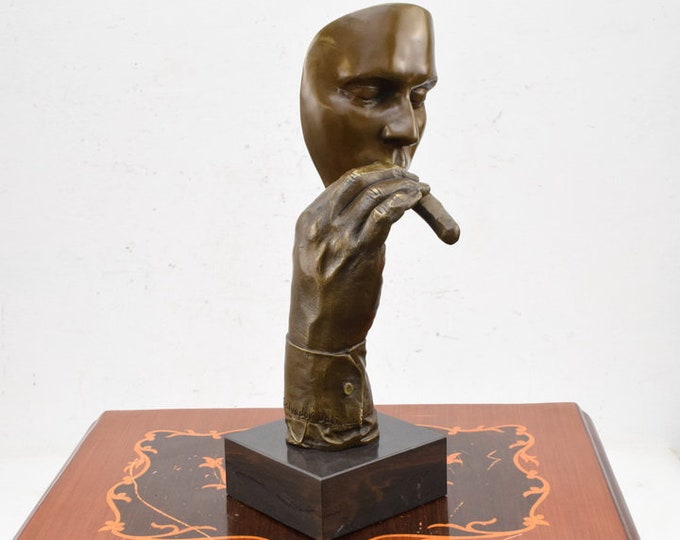 Large Bronze Face with Cigarette - Mask Salvador Dali Style - Modernist Bronze Sculpture Woman - Art Work Abstract Figurine Head with Cigar