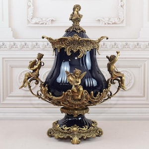 Very Rare! Large Cobalt and Porcelain Vase - Antique Amazing Dark Blue Urn - Bronze Ornaments - Art Nouveau Vase Home Decor Gift for Wedding