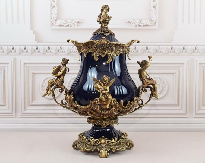 Very Rare! Large Cobalt and Porcelain Vase - Antique Amazing Dark Blue Urn - Bronze Ornaments - Art Nouveau Vase Home Decor Gift for Wedding