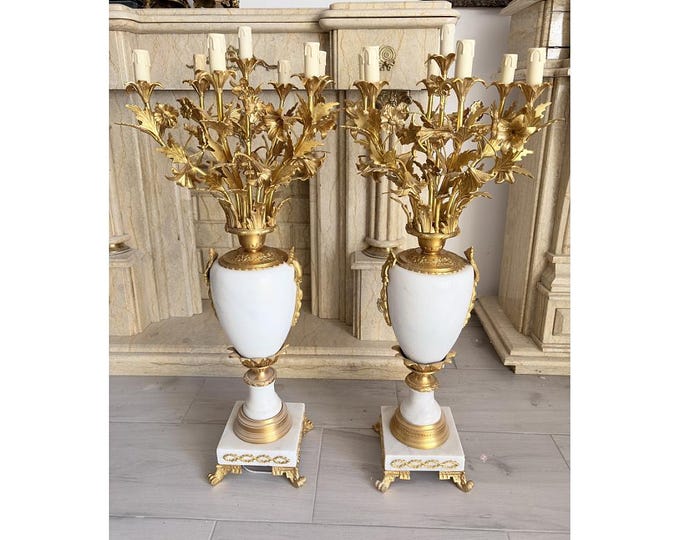 Gilded Bronze & Marble Candelabras with Candlesticks: Empire  Electric Set