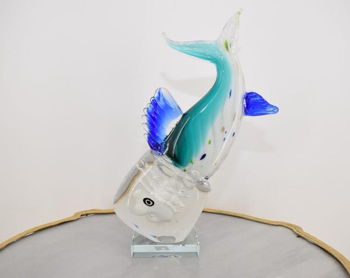 Blue Fish With Ice Head Murano Style – Handcrafted Venetian Glass Sculpture – Unique Ocean Decor Figurine – Artistic Gift