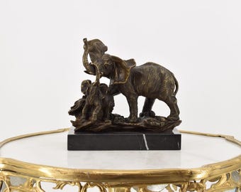 Two Elephants Bronze Sculpture on Marble Base - Mother Elephant and Baby Elephant - Exclusive Gift -