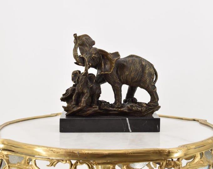 Two Elephants Bronze Sculpture on Marble Base - Mother Elephant and Baby Elephant - Exclusive Gift -
