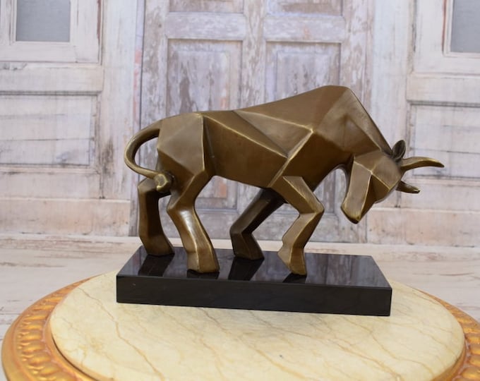 Cubist Taurus - Cubism Bull Bronze Figure on Marble Base - Art Work Sculpture -  Bull Symbol of Wealth - US Statue - Home Decor Gift Idea