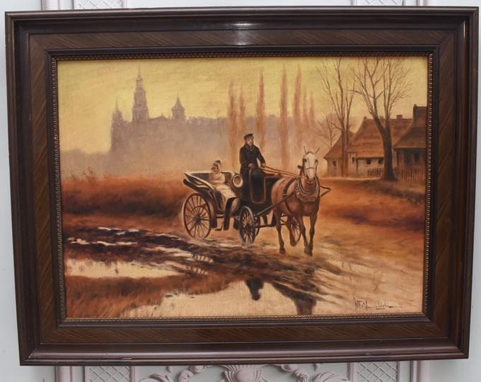 Antique Oil Painting On Canvas – Coachman With Cart – Krakow Landscape With Wawel Castle – Unique Polish Artwork